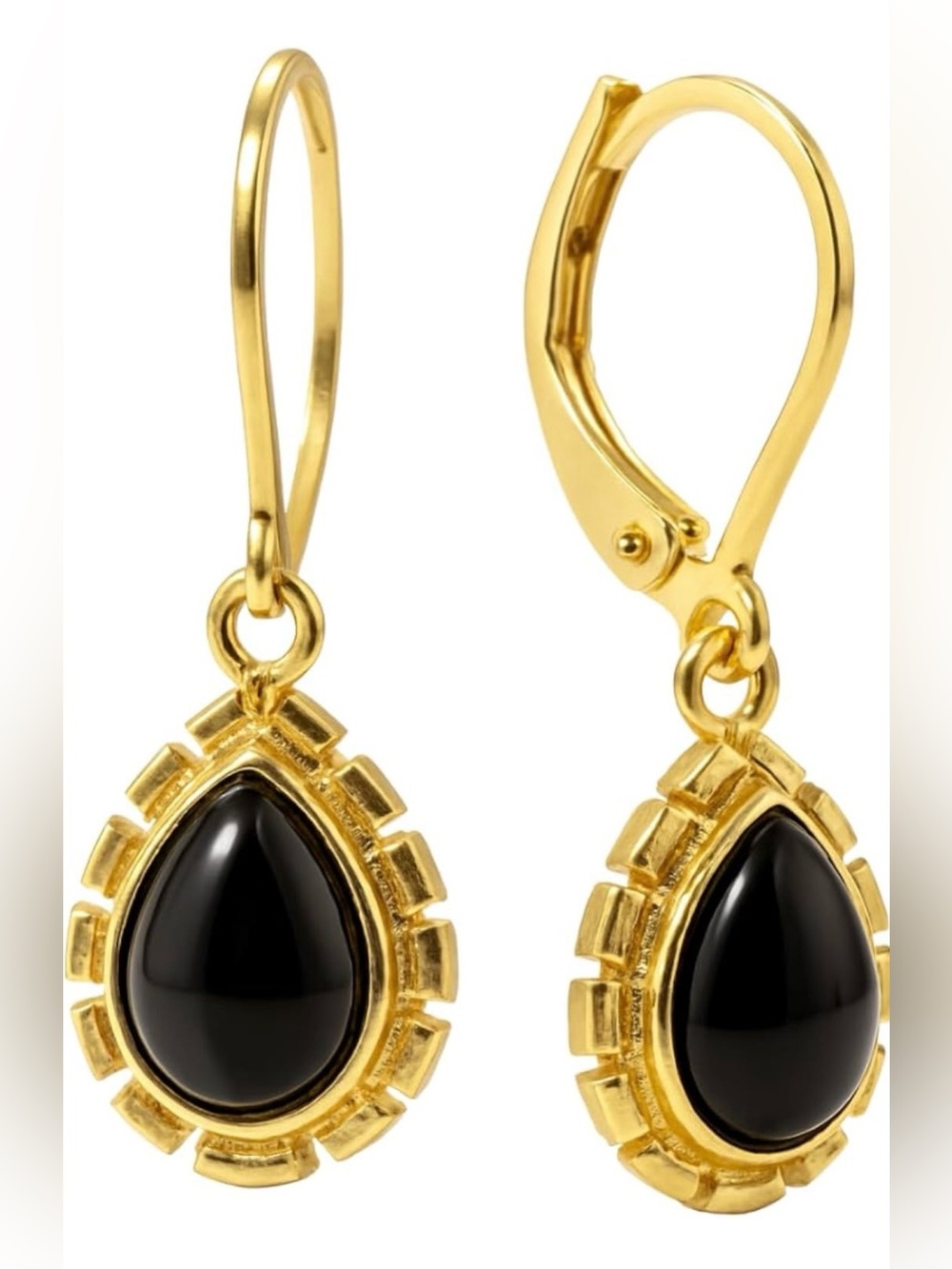 Gold Teardrop Dangle Earrings with Black Stone - Women's Jewelry